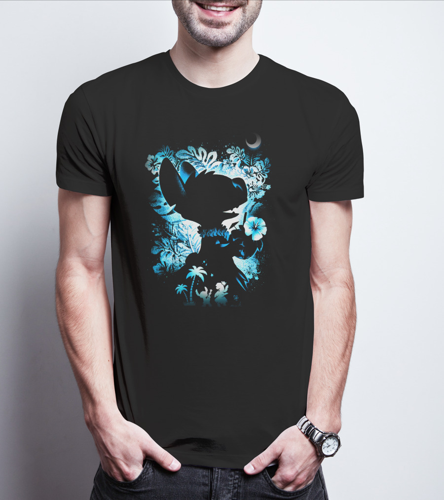 Stitch 2 Midnight Jungle Adventure With Tropical Florals And Crescent Moon T-Shirt