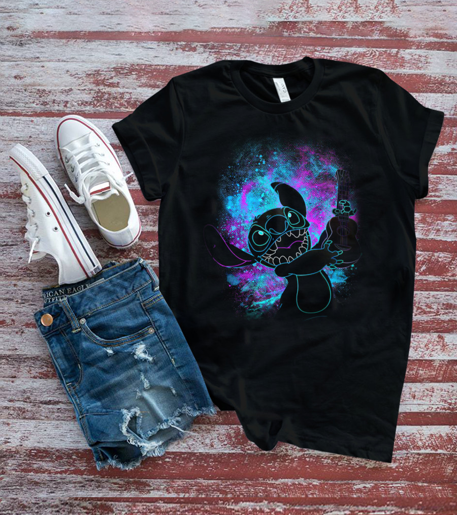 Stitch Neon Glow Playing Guitar Art T-Shirt
