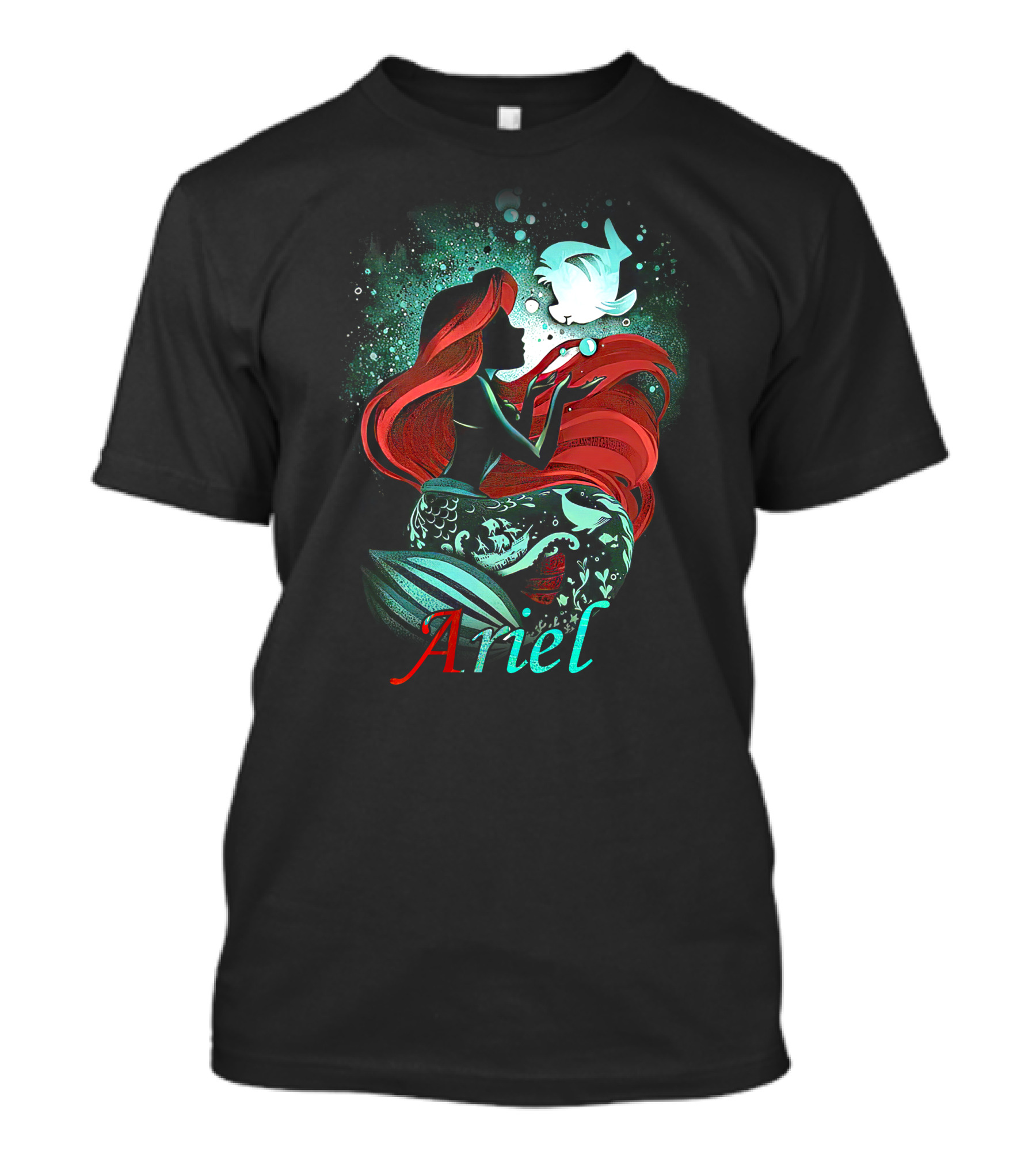 Ariel Silhouette With Red Hair And Fish Bubbles T-Shirt
