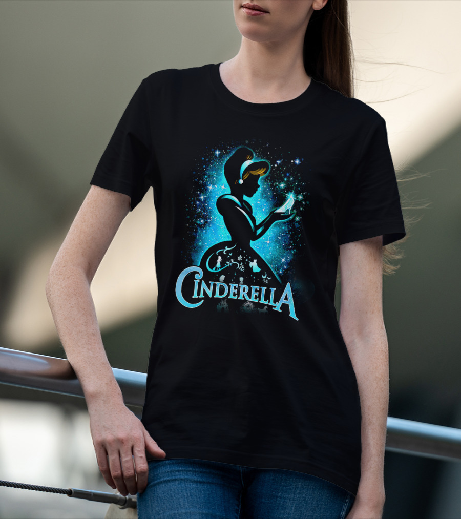 Cinderella Silhouette Holding Glass Slipper With Enchanted Blue Starry T-Shirt