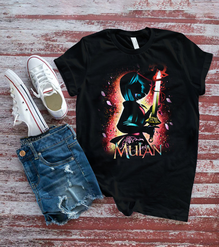 Mulan Sword Silhouette With Blossoms And Colorful T-Shirt