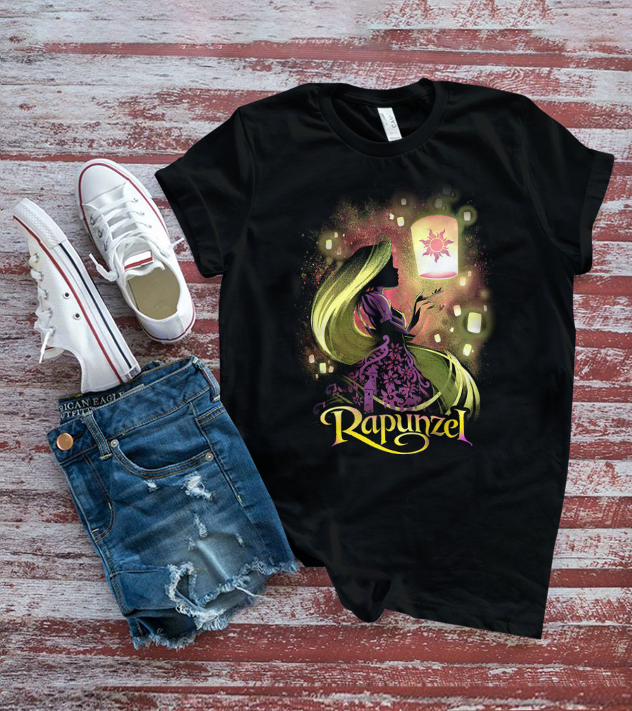 Rapunzel Lantern Silhouette With Glowing Hair And Floating Lights T-Shirt