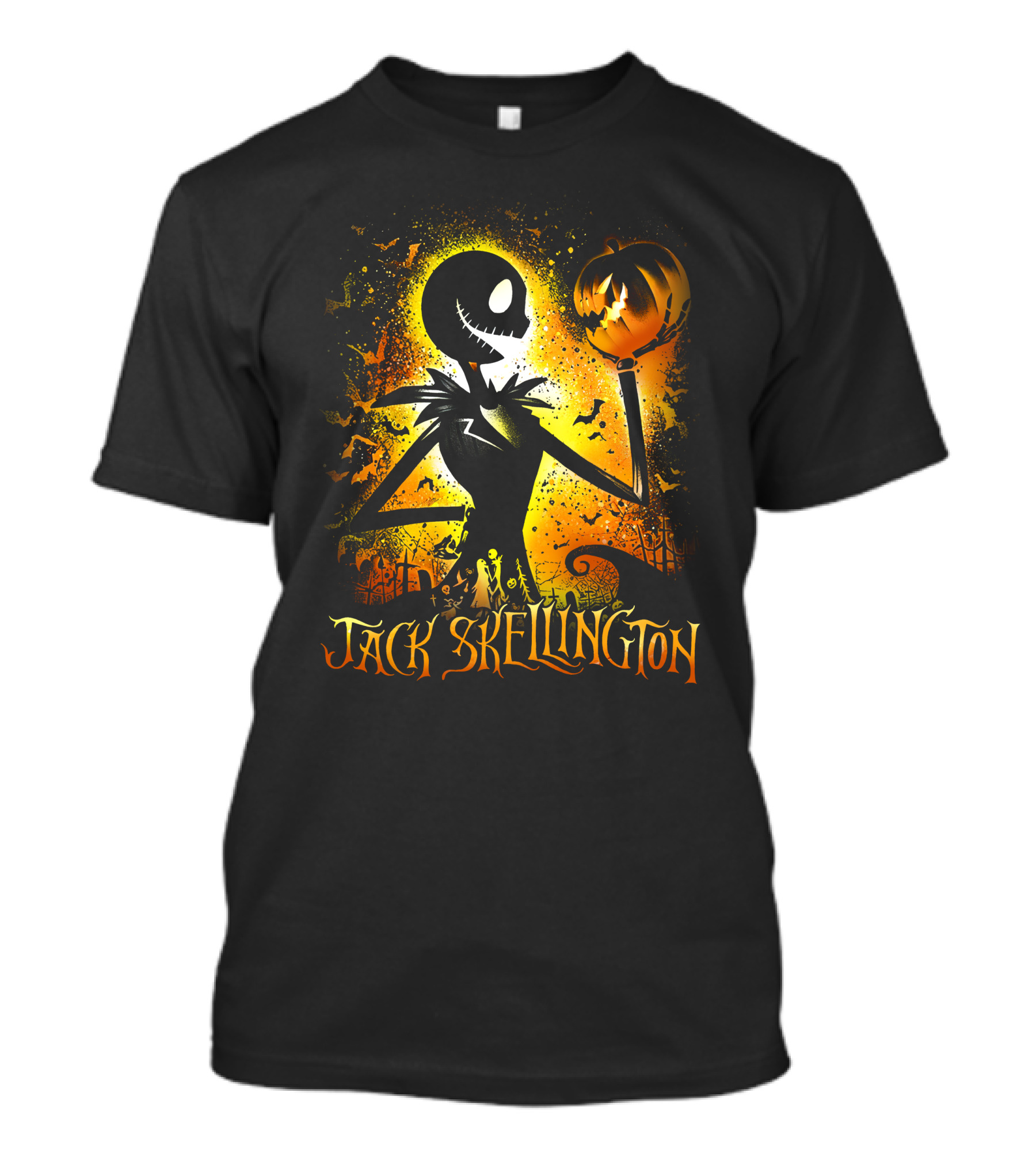 Jack Skellington Holding Pumpkin In Halloween Scene With Bats And Graveyard T-Shirt
