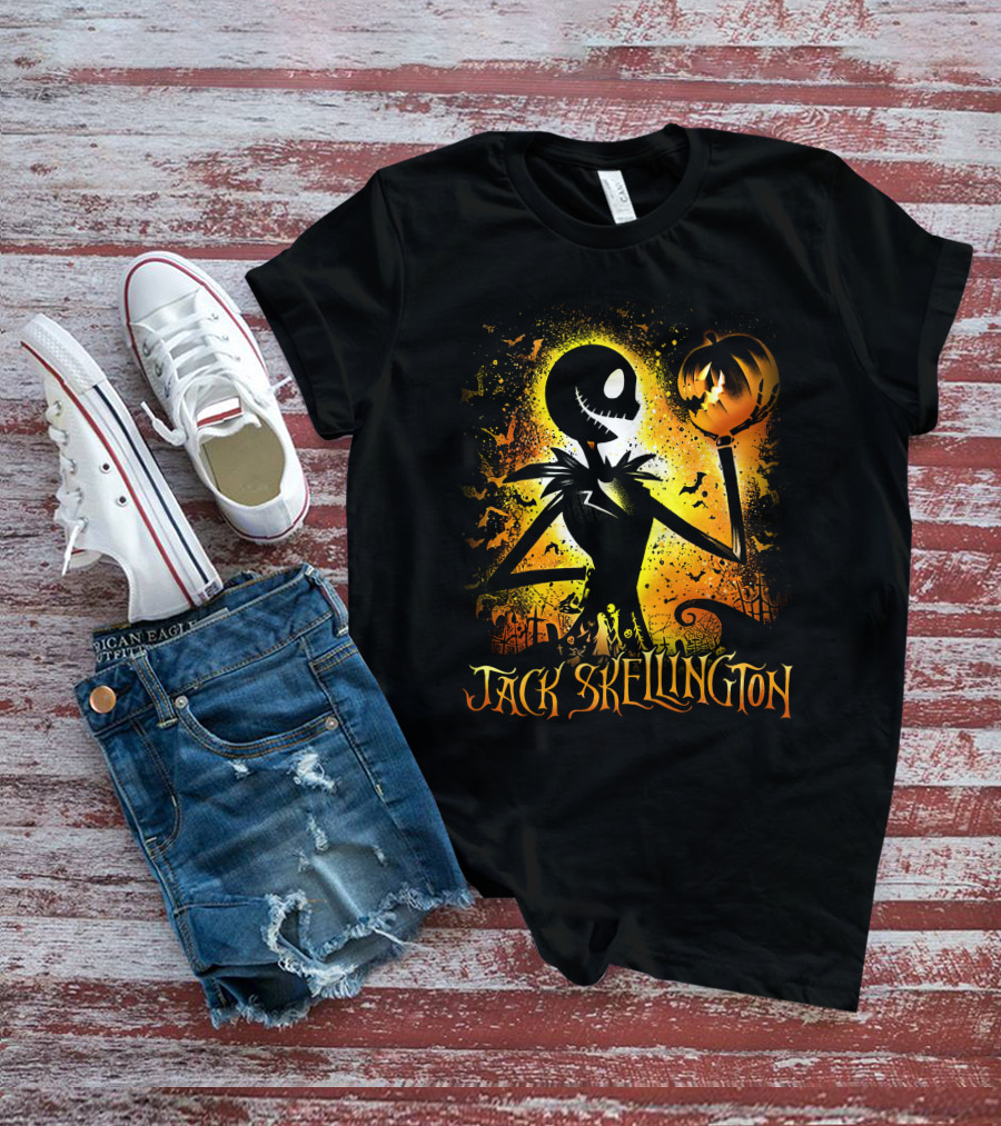 Jack Skellington Holding Pumpkin In Halloween Scene With Bats And Graveyard T-Shirt