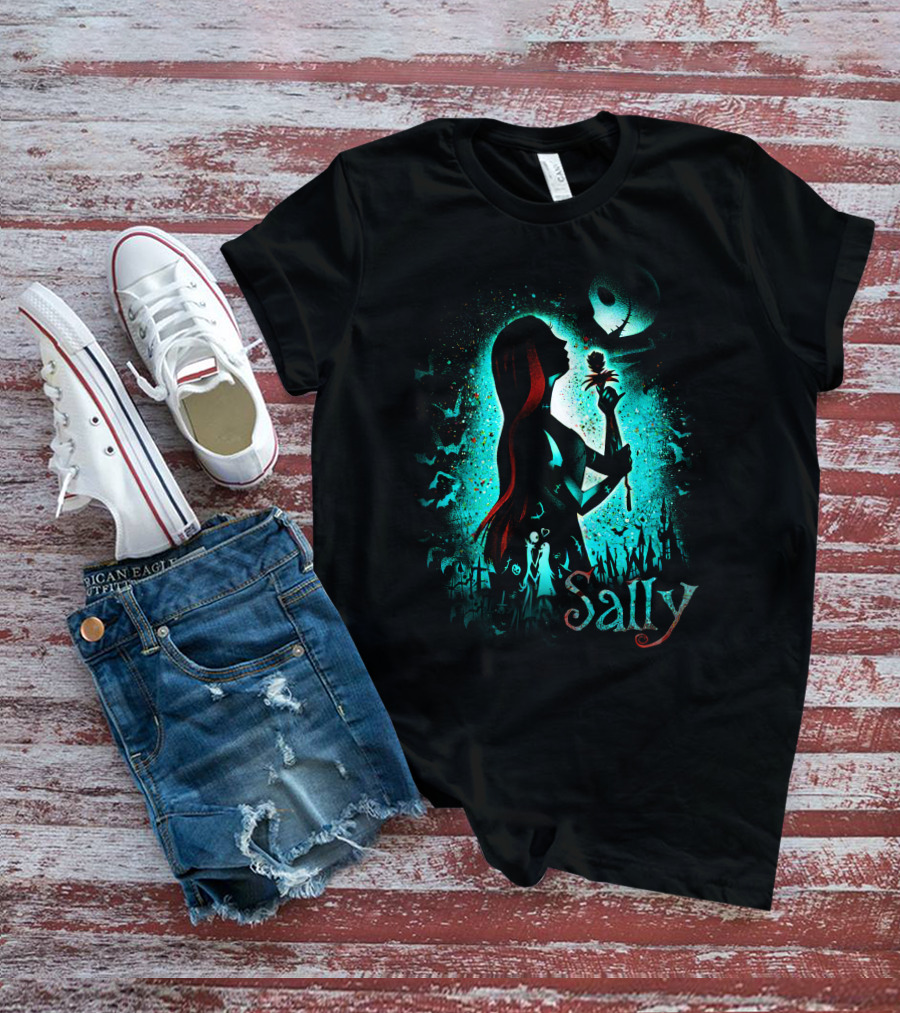 Sally Nightmare Before Christmas Silhouette With Rose And Jack Skellington T-Shirt