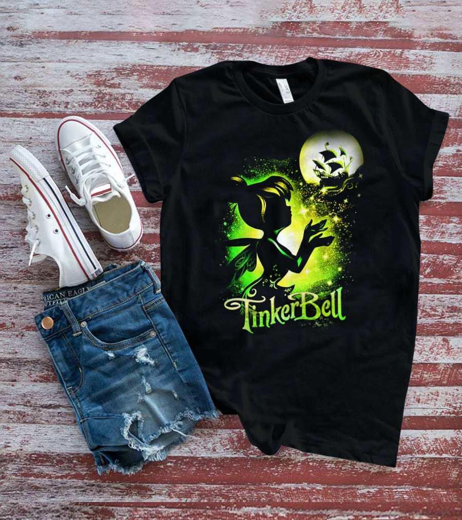 Tinker Bell Silhouette With Ship And Crescent Moon Magic Glow T-Shirt
