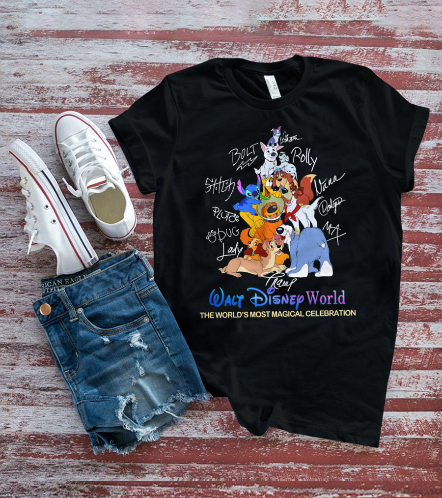 Walt Disney World Dogs Celebration Stitch Pluto Bolt Lady Tramp Nana Dodger Max Pongo Rolly T-Shirt