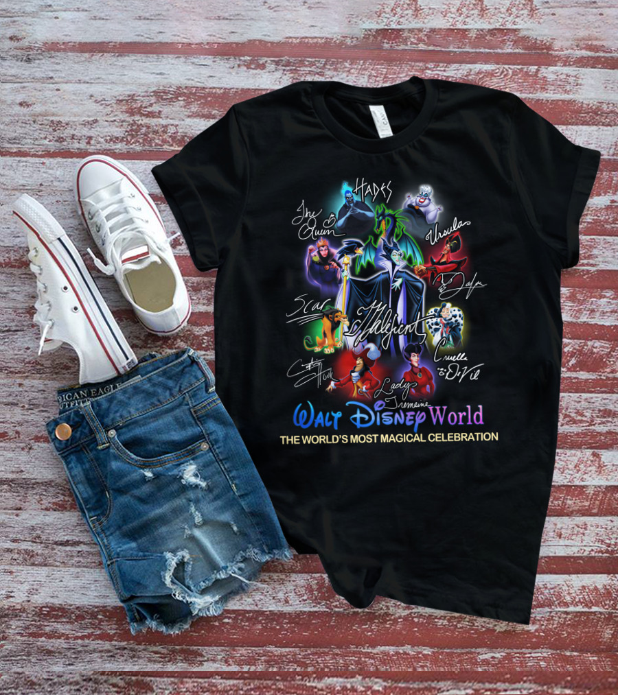 Walt Disney World The World's Most Magical Celebration Villains Hades Ursula Jafar The Queen Scar Cruella De Vil Captain Hook Lady Tremaine Maleficent T-Shirt