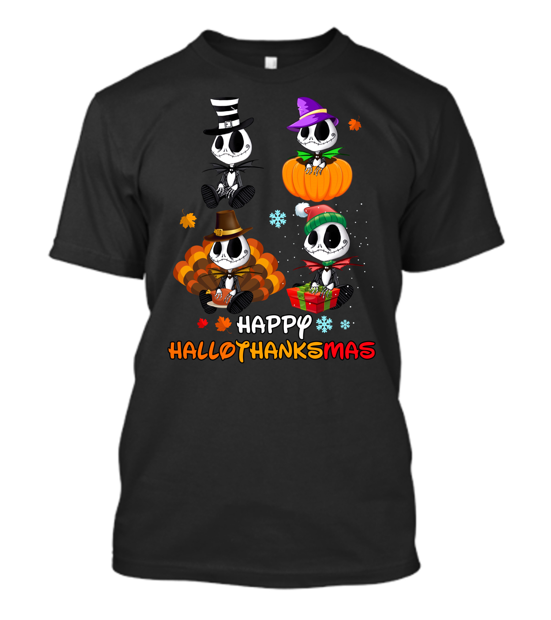 Happy Hallothanksmas Skeletons In Festive Hats Pumpkin Turkey Gift T-Shirt