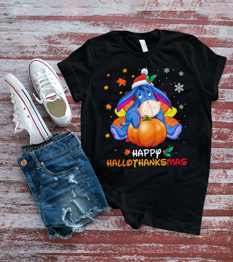 Happy Hallothanksmas Eeyore Pumpkin Santa Hat Snowflakes T-Shirt