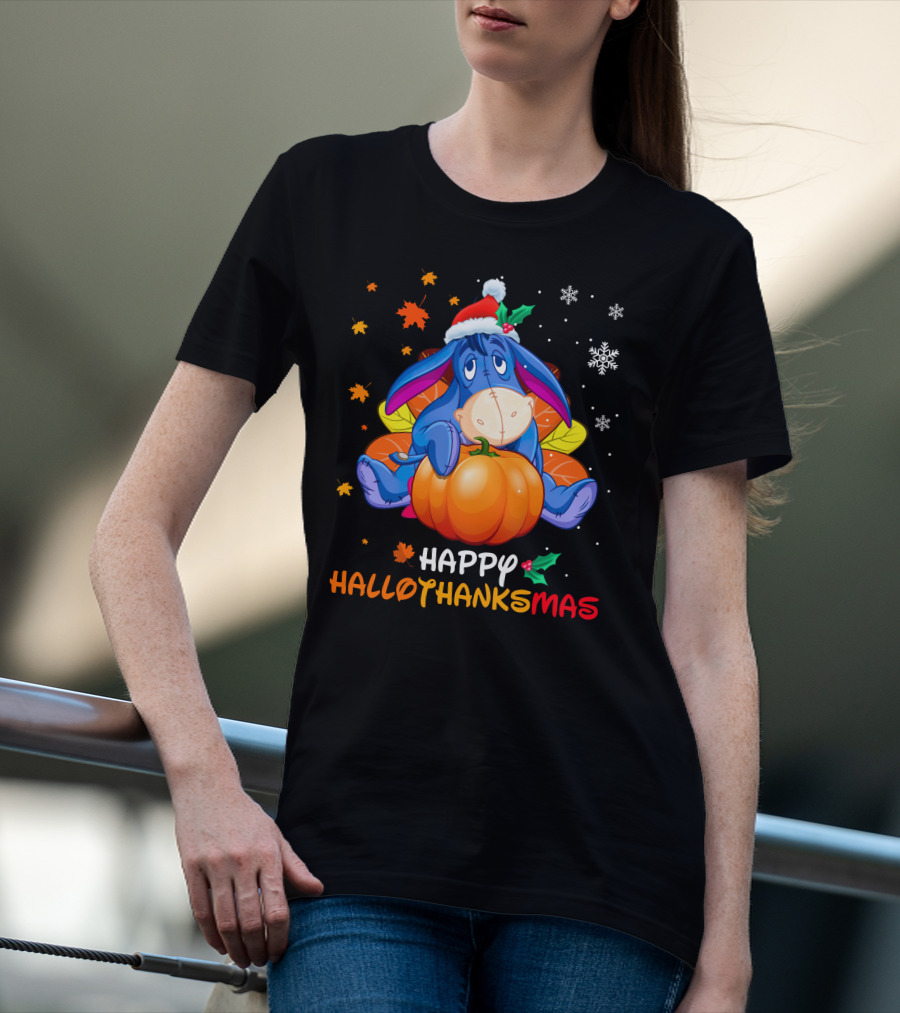 Happy Hallothanksmas Eeyore Pumpkin Santa Hat Snowflakes T-Shirt