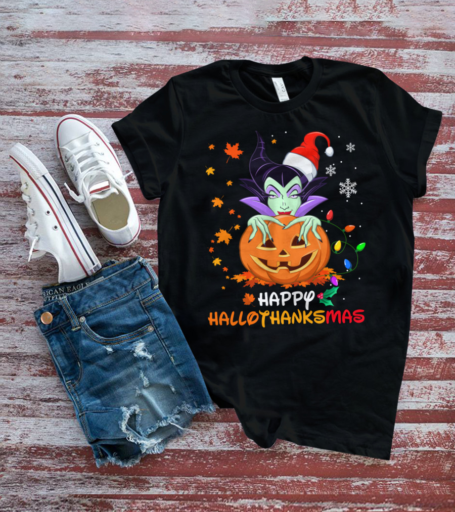 Happy Hallothanksmas Malicious Pumpkin Santa Hat Snowflakes Leaves And Lights T-Shirt