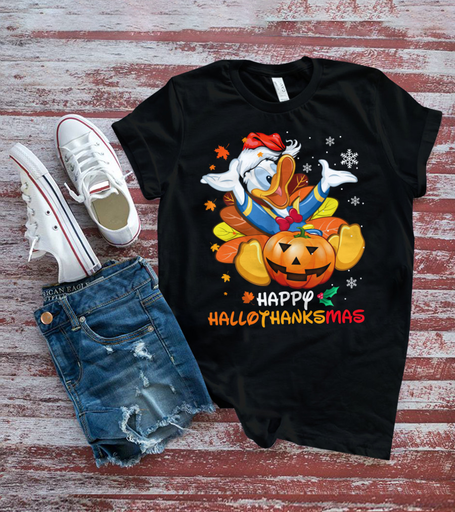 Happy Hallothanksmas Donald Duck Pumpkin Santa Hat Leaves Snowflakes T-Shirt