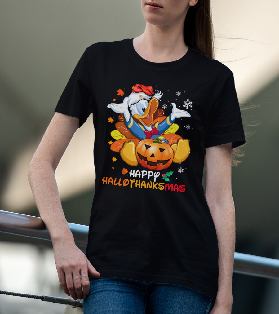 Happy Hallothanksmas Donald Duck Pumpkin Santa Hat Leaves Snowflakes T-Shirt