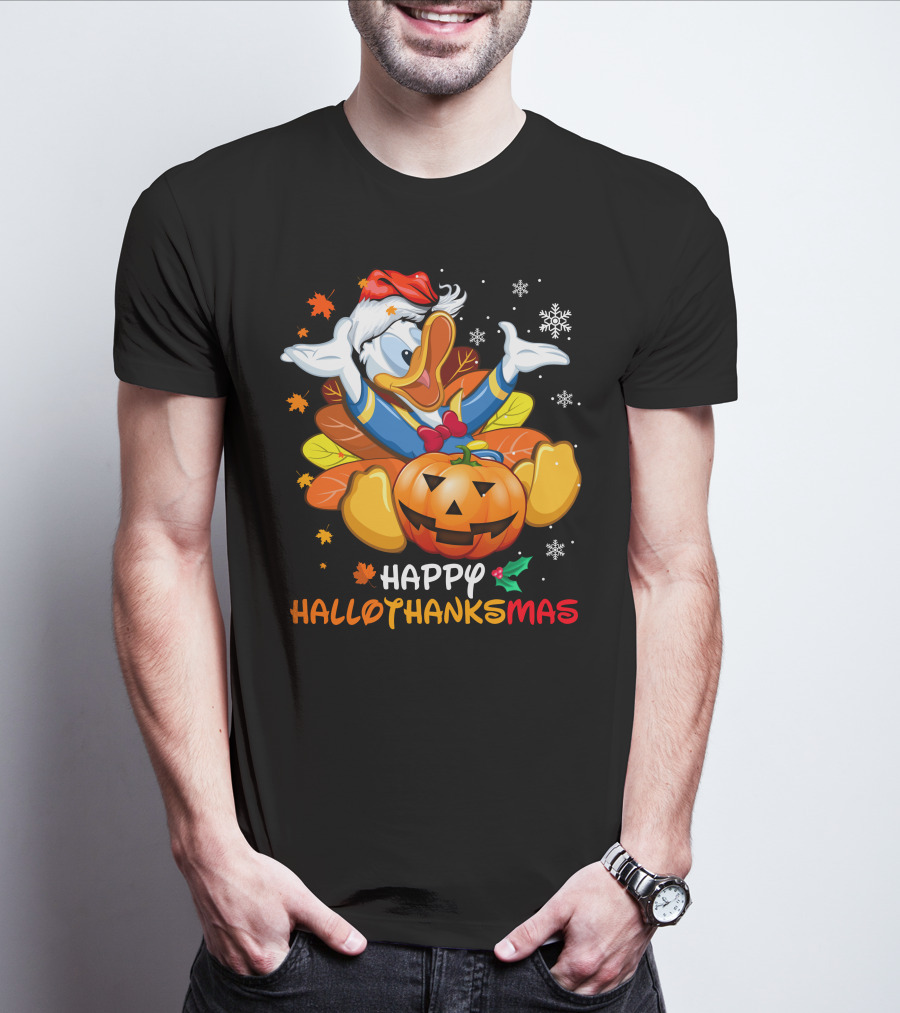 Happy Hallothanksmas Donald Duck Pumpkin Santa Hat Leaves Snowflakes T-Shirt