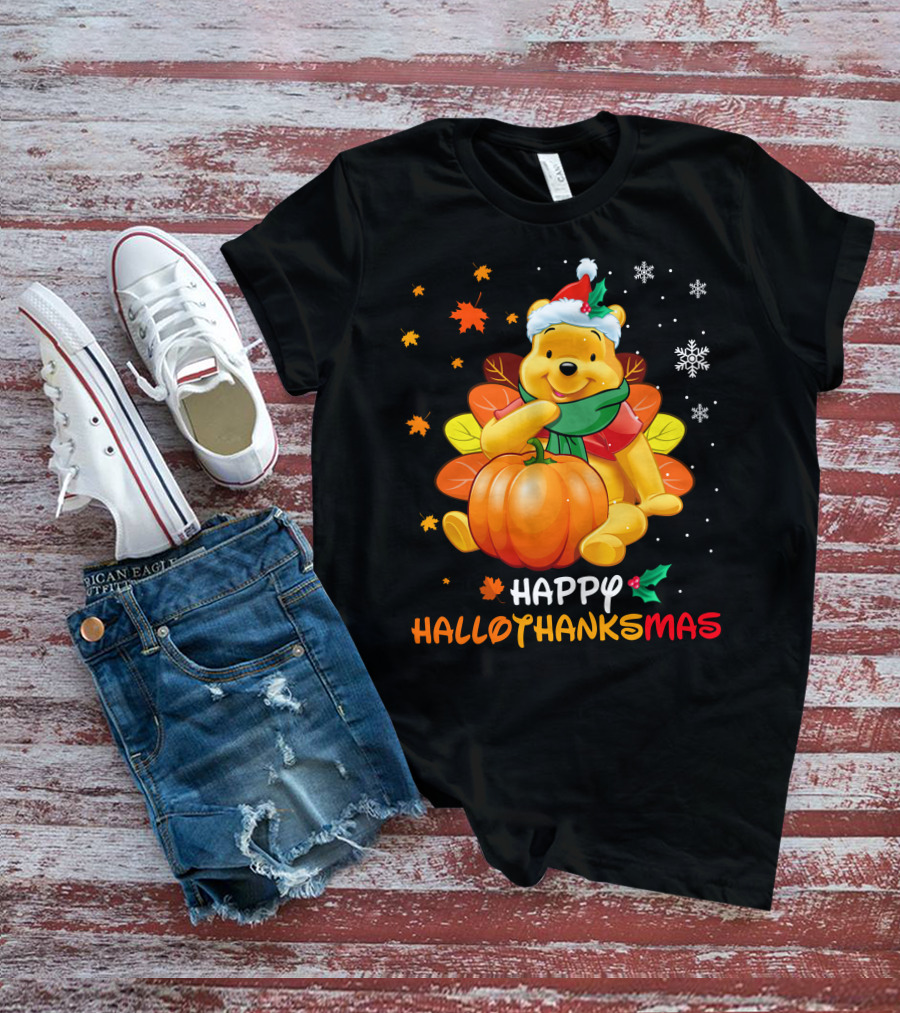 Happy Hallothanksmas Winnie Pumpkin Santa Hat Snowflakes T-Shirt