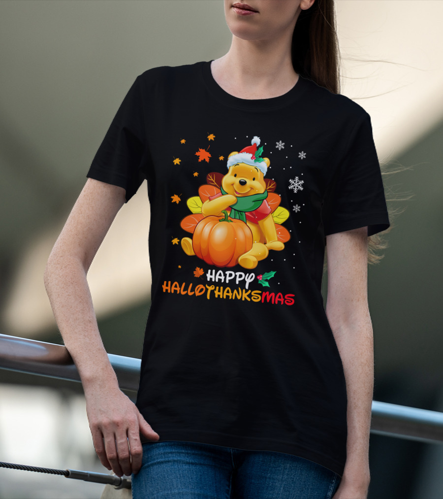 Happy Hallothanksmas Winnie Pumpkin Santa Hat Snowflakes T-Shirt