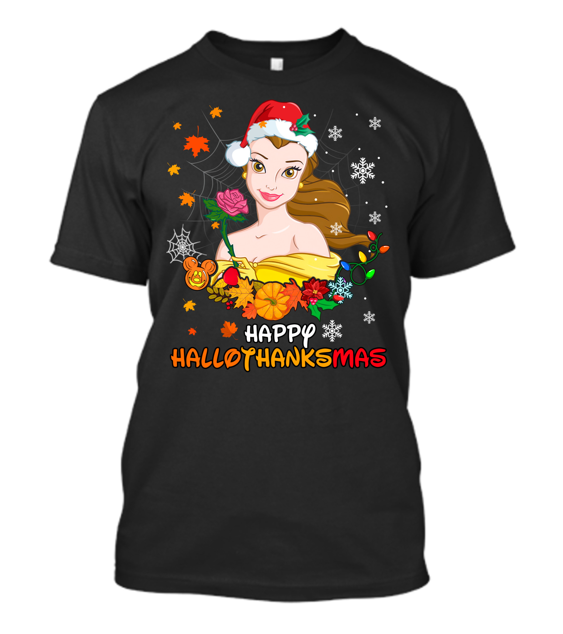 Happy Hallothanksmas - Belle In Santa Hat With Spider Webs Pumpkins And Lights T-Shirt