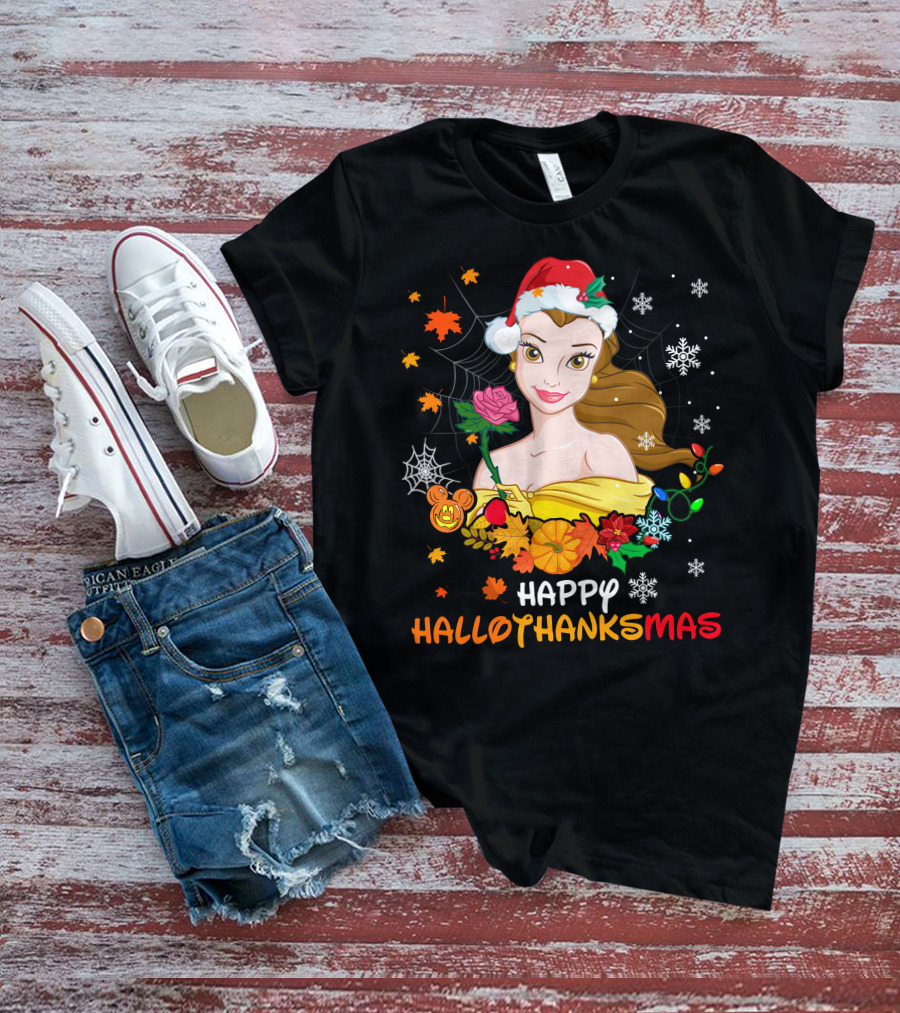 Happy Hallothanksmas - Belle In Santa Hat With Spider Webs Pumpkins And Lights T-Shirt