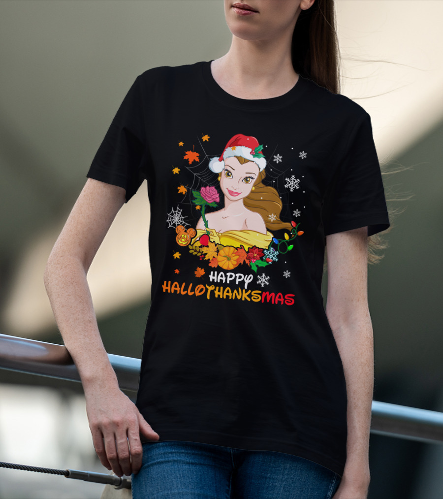 Happy Hallothanksmas - Belle In Santa Hat With Spider Webs Pumpkins And Lights T-Shirt