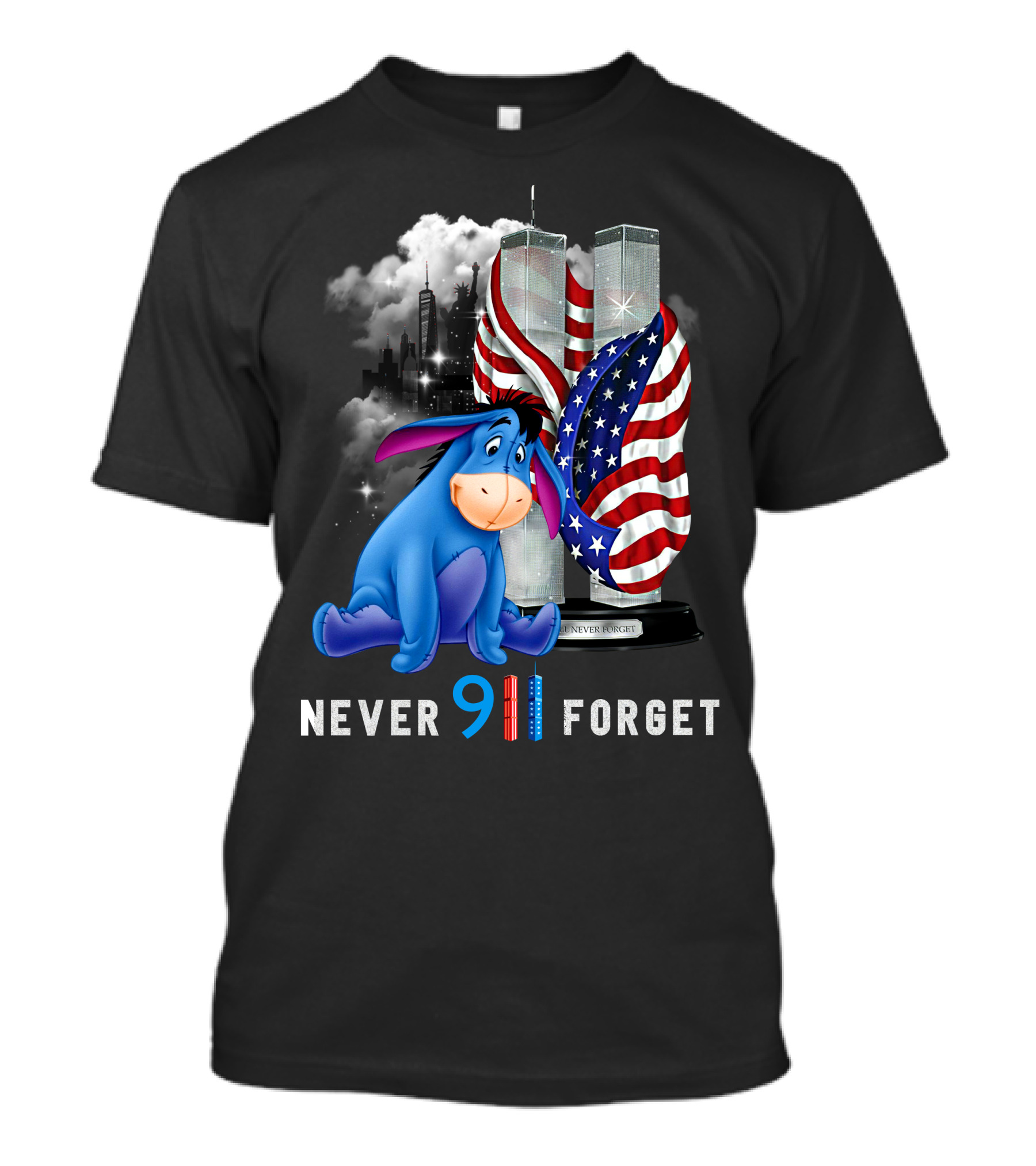 Eeyore Never 9/11 Forget Twin Towers American Flag T-Shirt