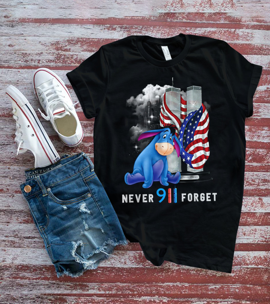 Eeyore Never 9/11 Forget Twin Towers American Flag T-Shirt