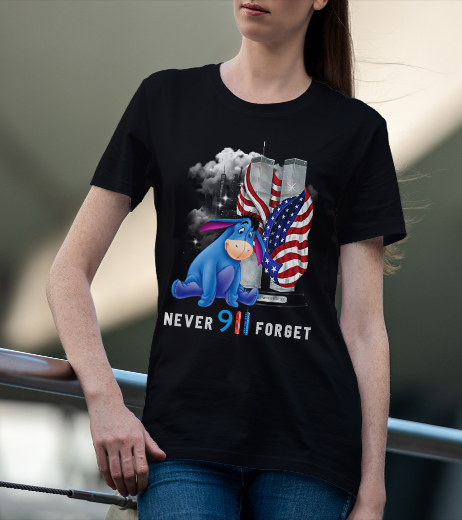 Eeyore Never 9/11 Forget Twin Towers American Flag T-Shirt