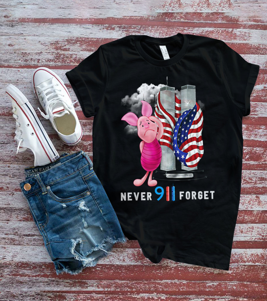 Never 9 11 Forget Piglet Twin Towers American Flag T-Shirt