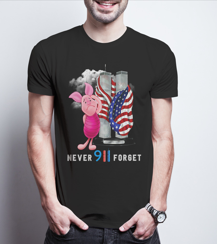 Never 9 11 Forget Piglet Twin Towers American Flag T-Shirt