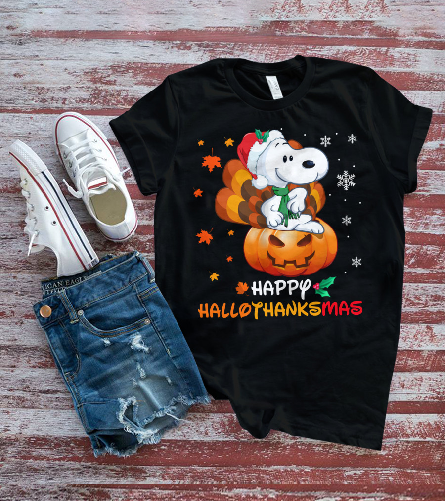 Happy Hallothanksmas Snoopy Christmas Pumpkin Turkey Leaves Snowflakes T-Shirt