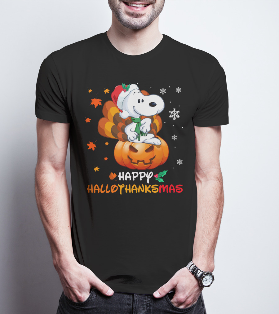 Happy Hallothanksmas Snoopy Christmas Pumpkin Turkey Leaves Snowflakes T-Shirt