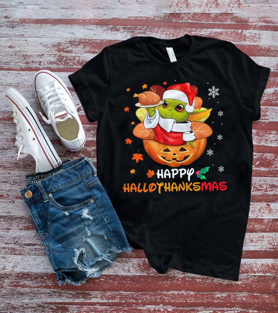 Happy Hallothanksmas Baby Yoda Santa Pumpkin Turkey T-Shirt