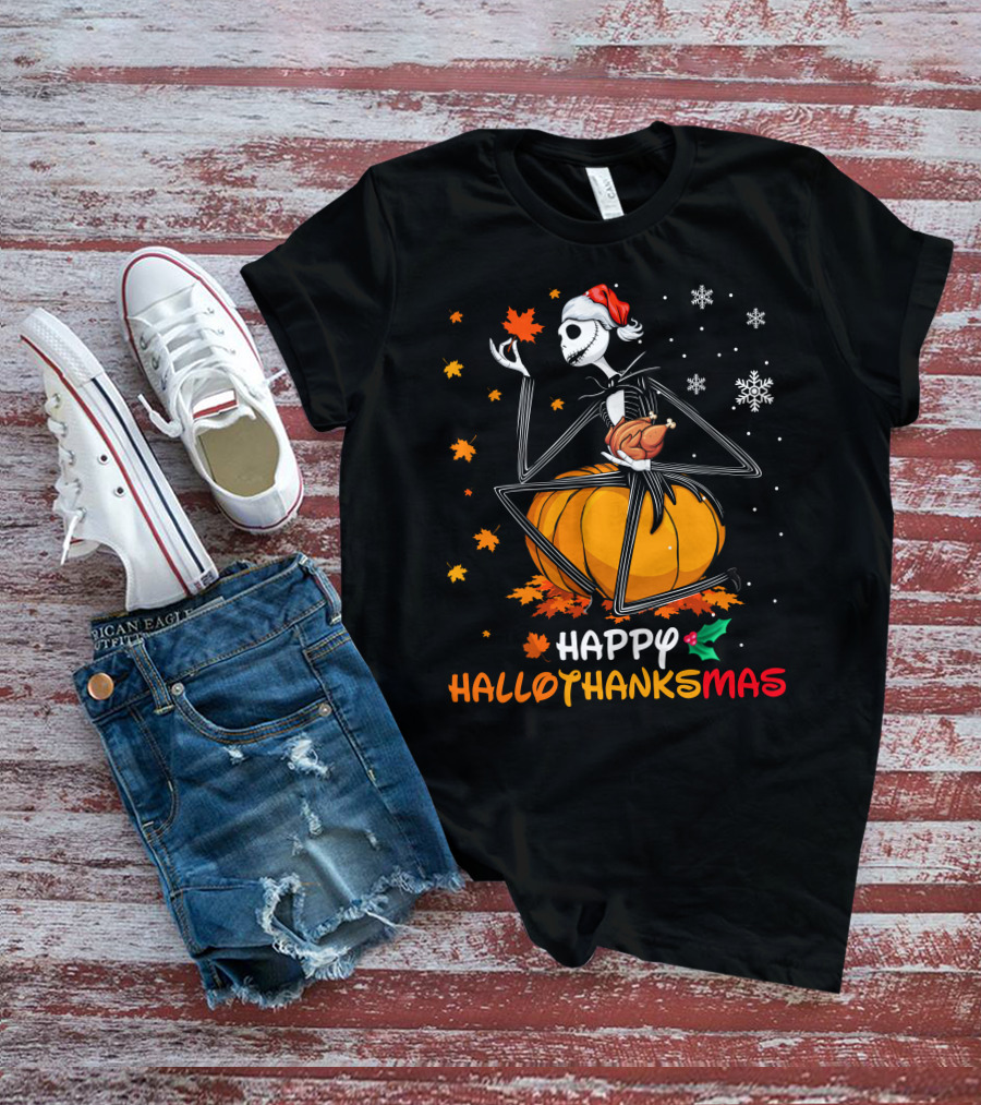 Happy Hallothanksmas Jack Skellington Pumpkin Santa Hat T-Shirt