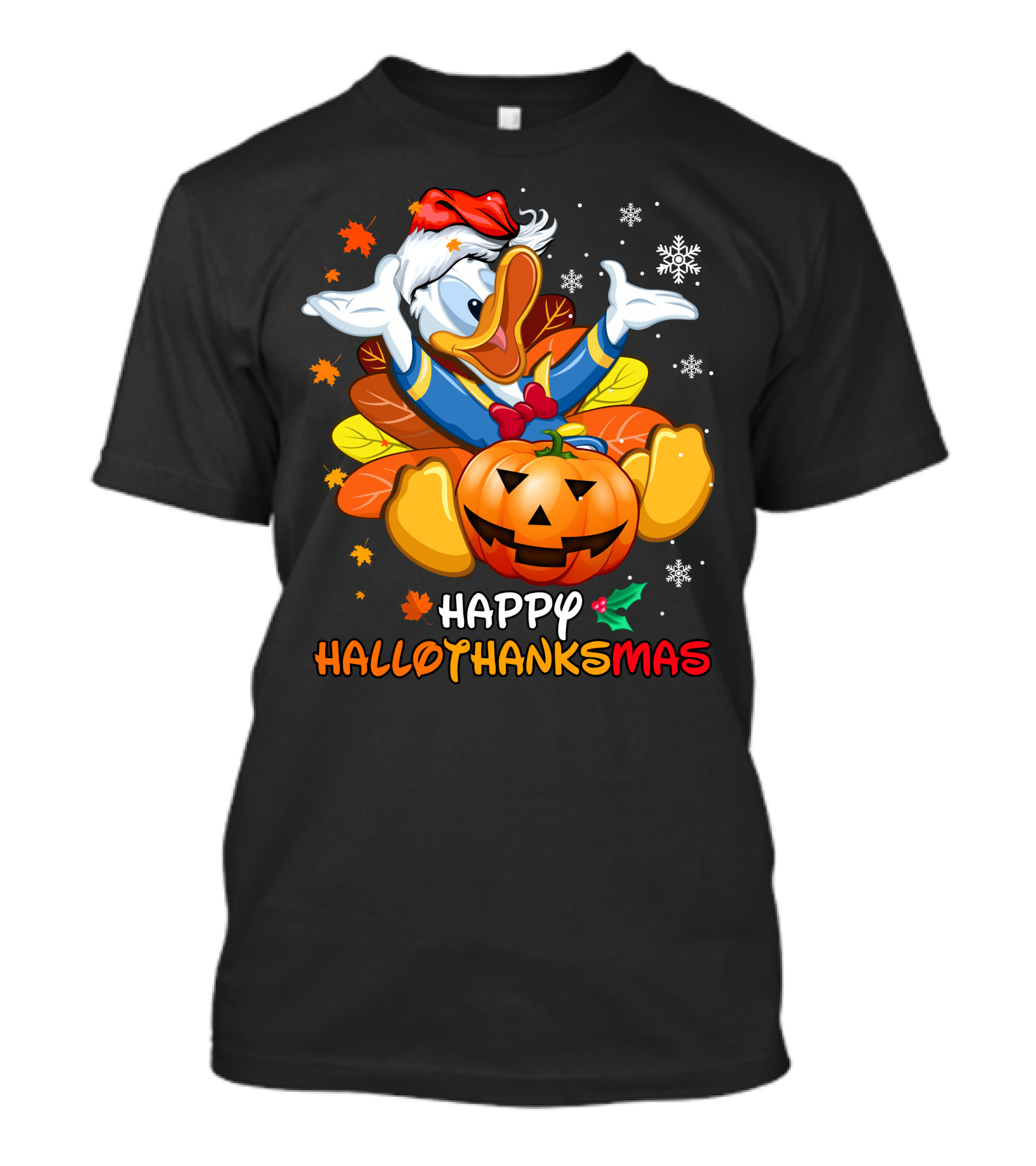 Happy Hallowthanksmas Donald Duck Pumpkin Leaves Snowflakes Santa Hat T-Shirt