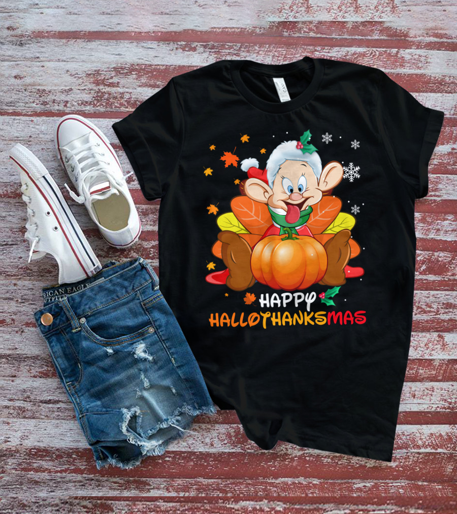 Happy Hallothanksmas Dopey Pumpkin Leaves Snowflakes T-Shirt