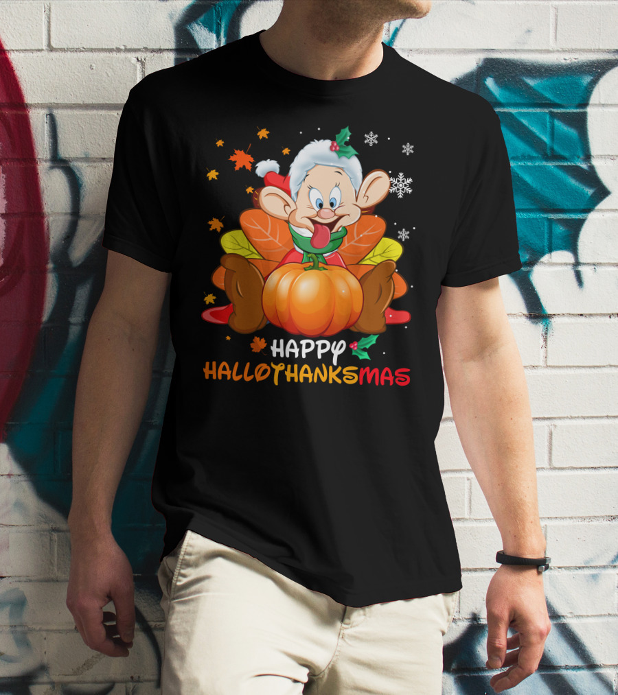 Happy Hallothanksmas Dopey Pumpkin Leaves Snowflakes T-Shirt