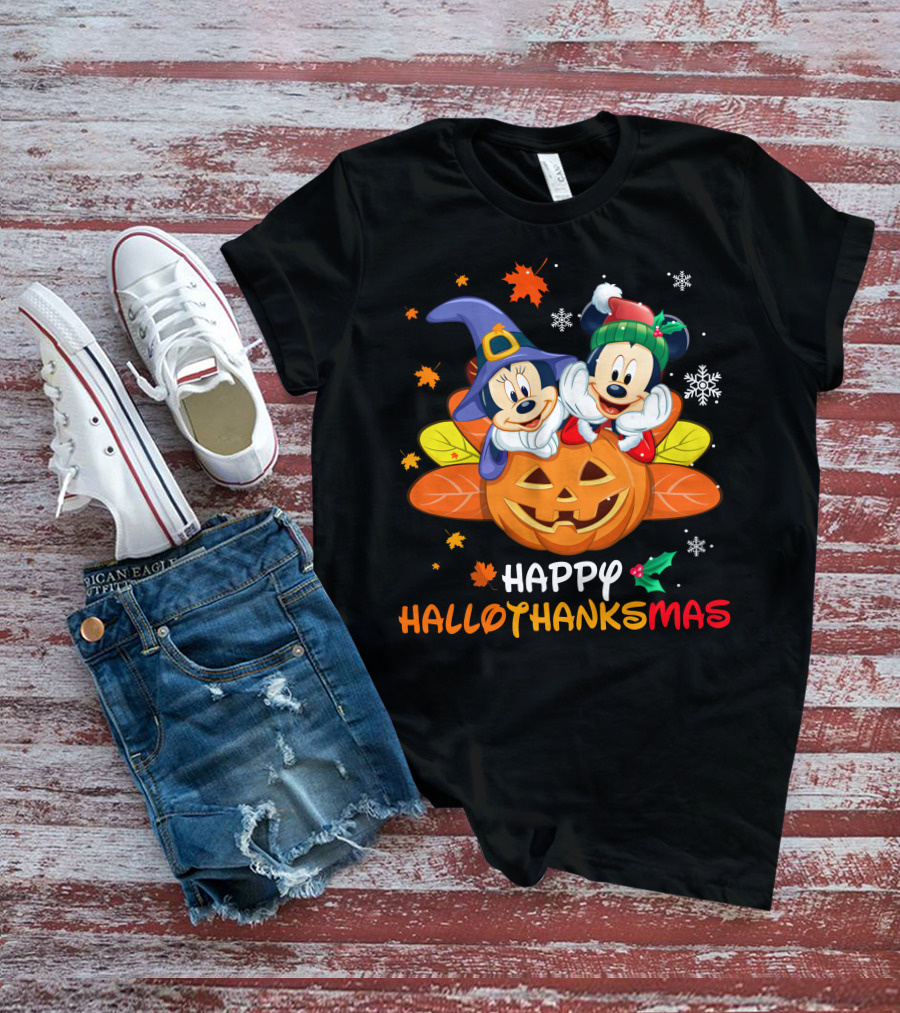 Mickey & Minnie Happy Hallothanksmas Pumpkin Snowflakes Leaves T-Shirt