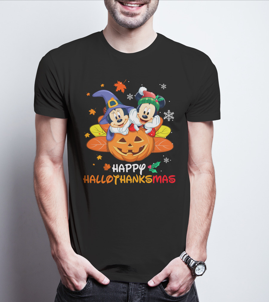 Mickey & Minnie Happy Hallothanksmas Pumpkin Snowflakes Leaves T-Shirt