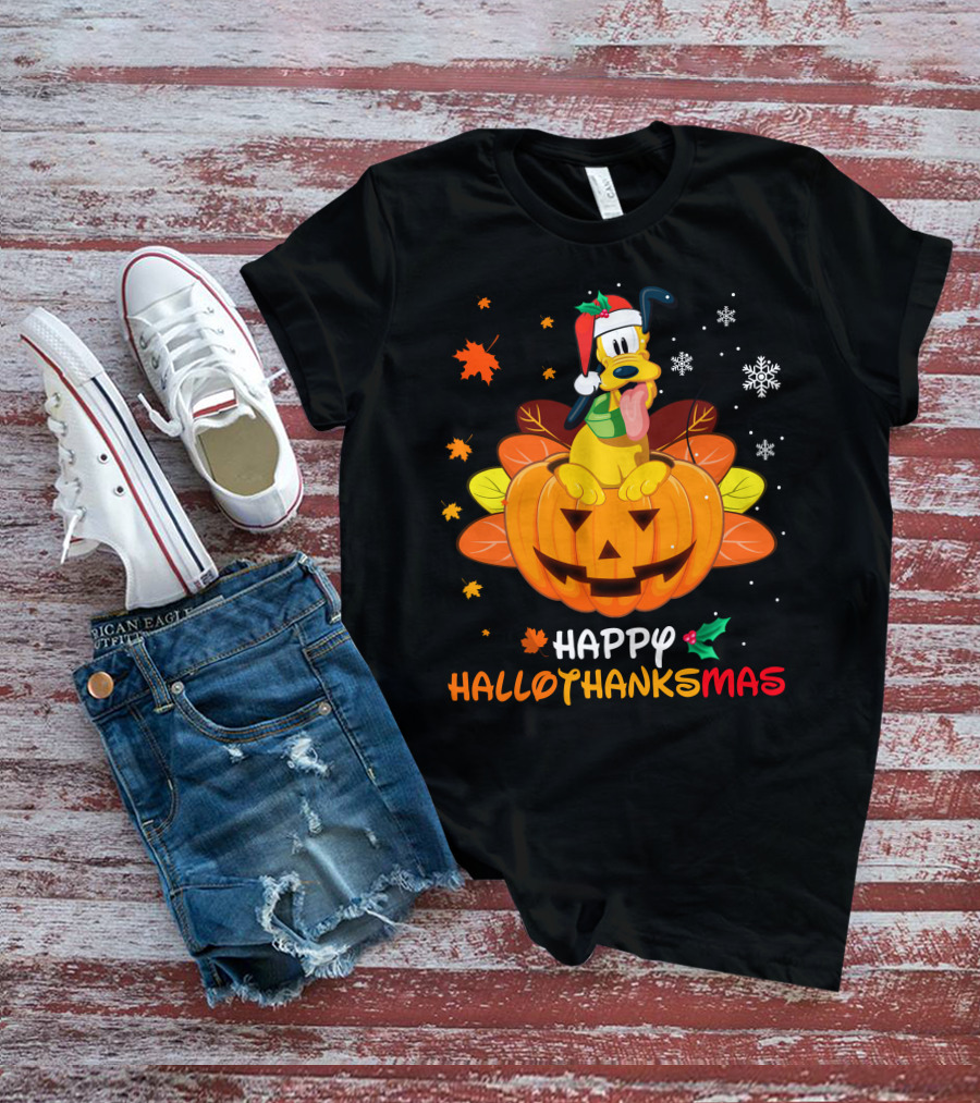 Happy Hallothanksmas Pluto Christmas Halloween Thanksgiving T-Shirt
