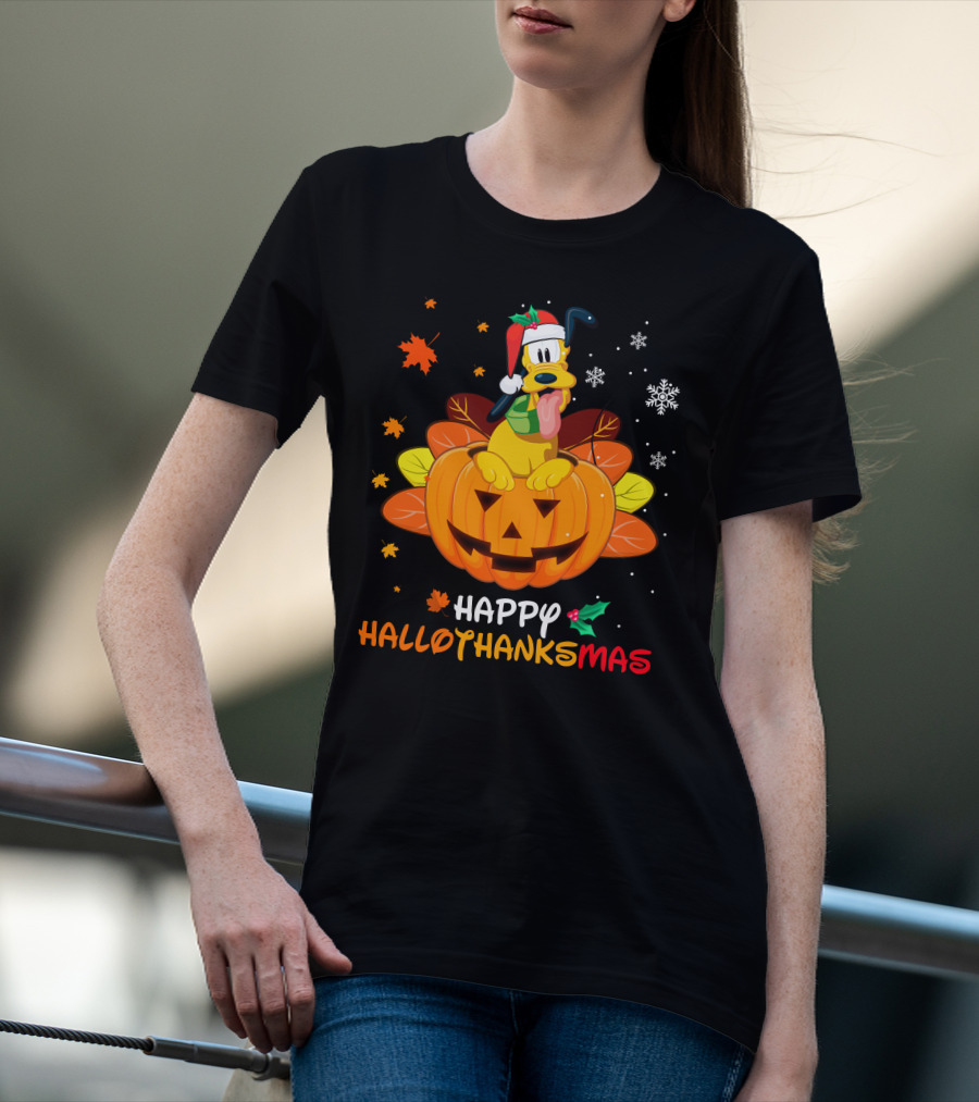Happy Hallothanksmas Pluto Christmas Halloween Thanksgiving T-Shirt