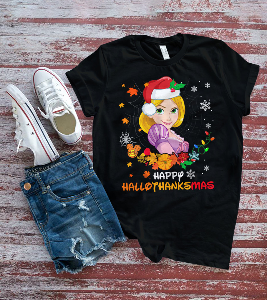Happy Hallothanksmas Rapunzel Festive Mashup With Santa Hat Autumn Leaves And Christmas Lights T-Shirt