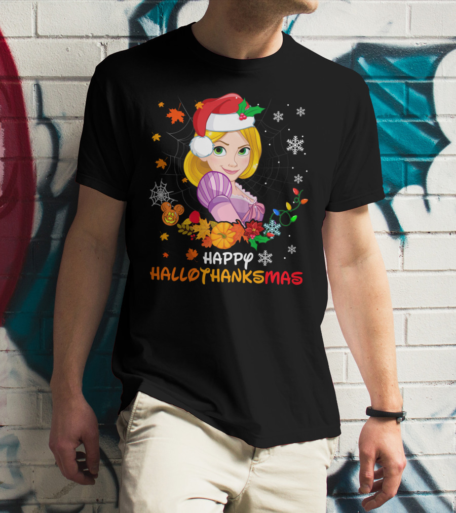 Happy Hallothanksmas Rapunzel Festive Mashup With Santa Hat Autumn Leaves And Christmas Lights T-Shirt