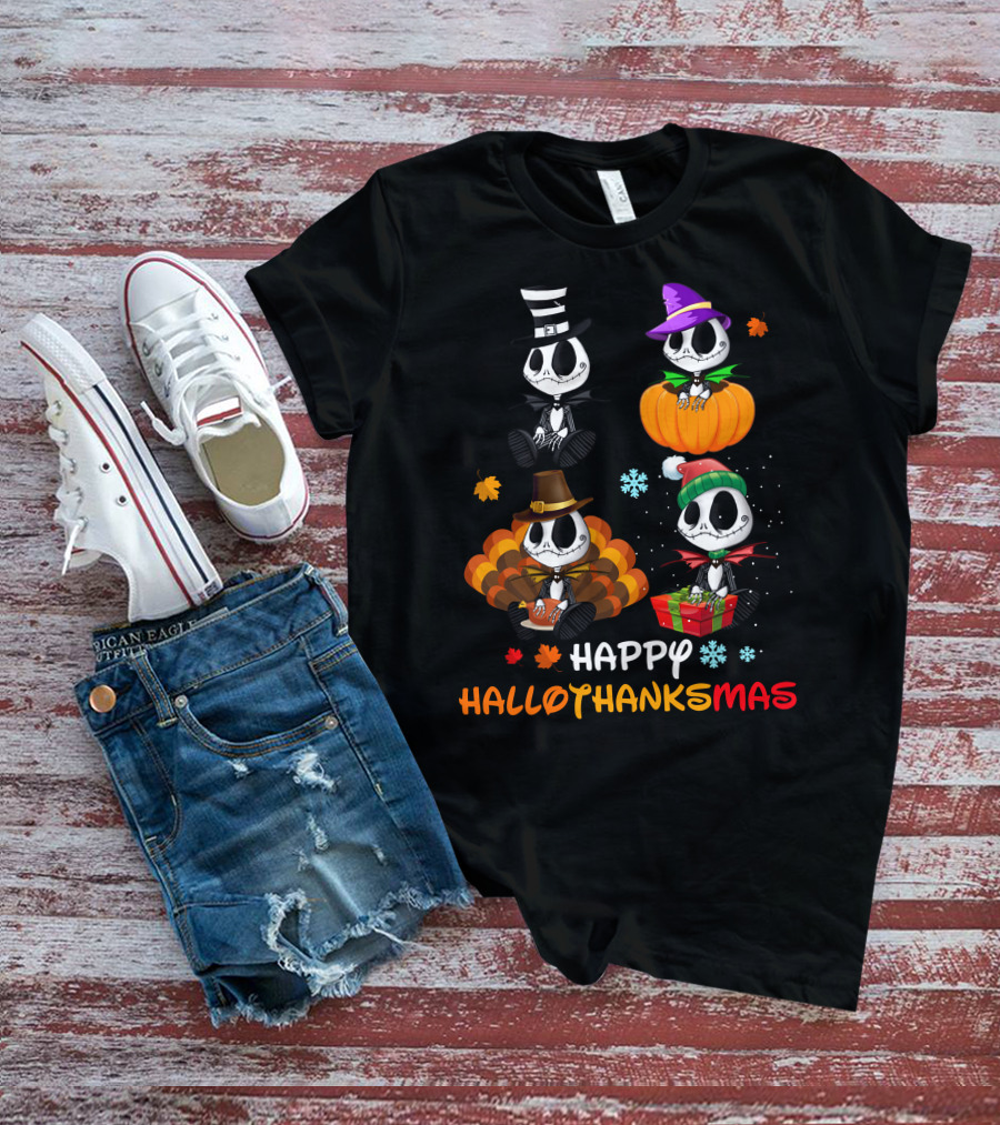 Happy Hallothanksmas Jack Skellington Halloween Thanksgiving Christmas T-Shirt