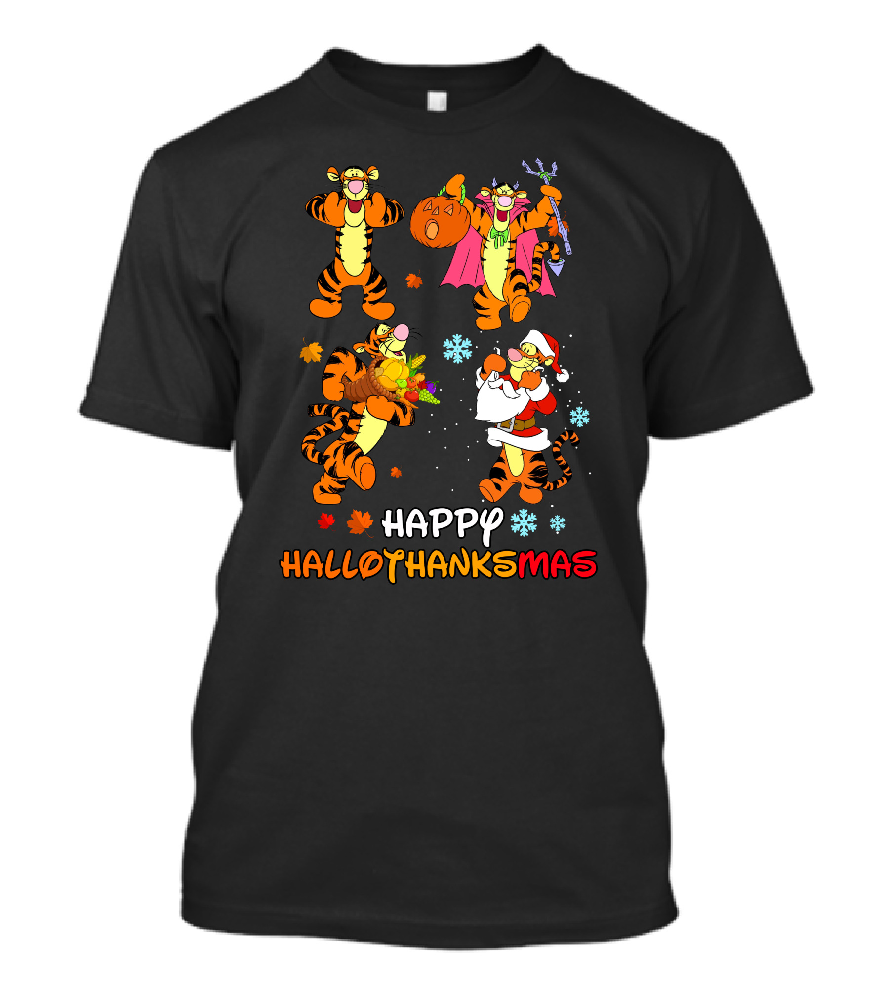 Happy Hallowthanksmas Tigger Pumpkin Basket Santa Snowflakes T-Shirt