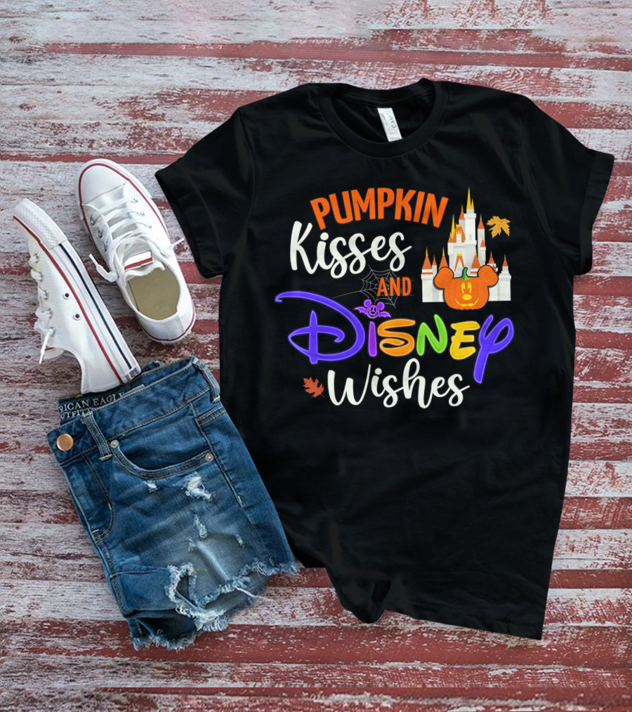 Pumpkin Kisses And Disney Wishes Castle Halloween Leaves T-Shirt