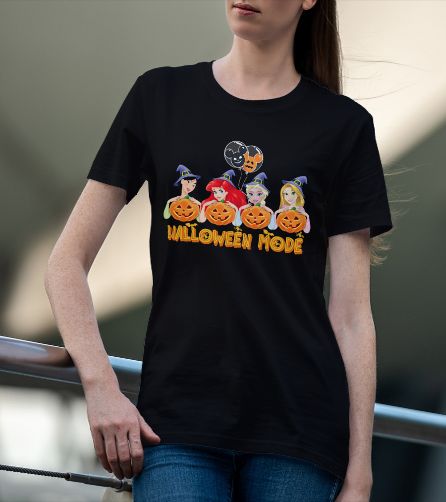 Halloween Mode Princess Characters With Pumpkins And Mickey Balloons T-Shirt