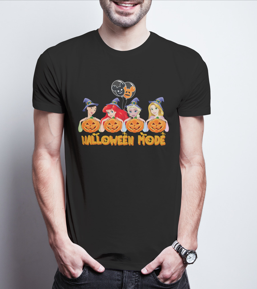 Halloween Mode Princess Characters With Pumpkins And Mickey Balloons T-Shirt