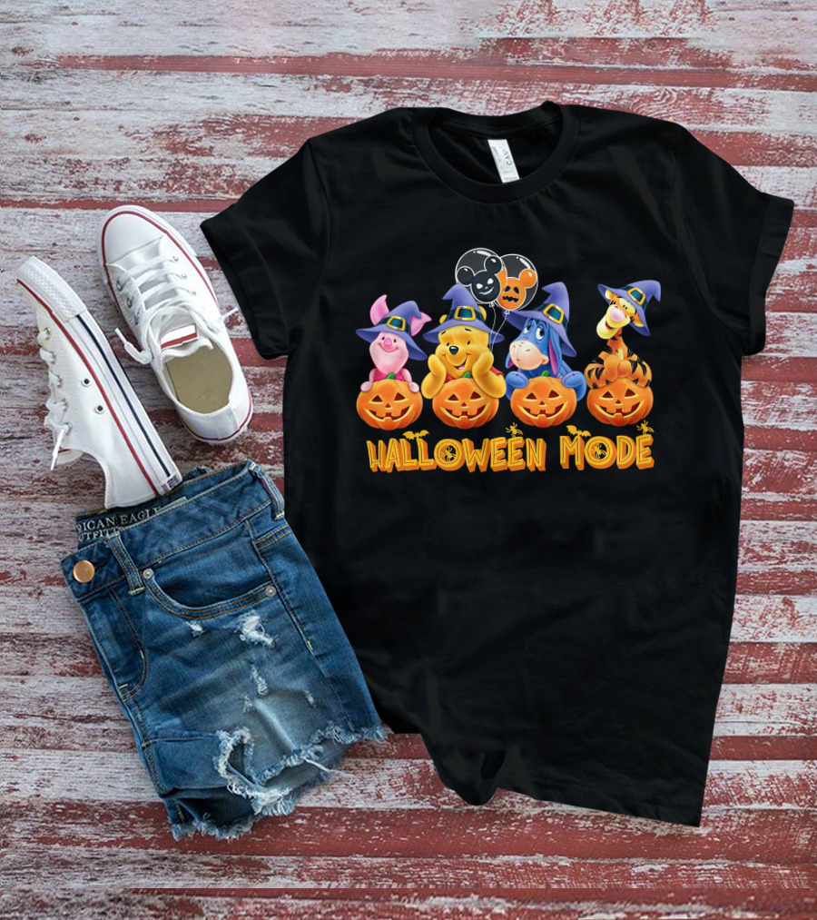 Halloween Mode Winnie The Pooh Characters With Pumpkins And Balloons T-Shirt