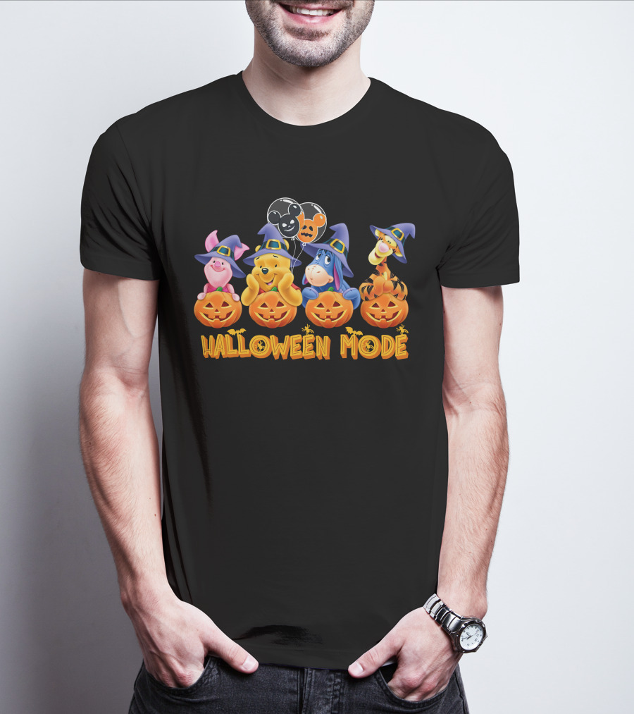Halloween Mode Winnie The Pooh Characters With Pumpkins And Balloons T-Shirt