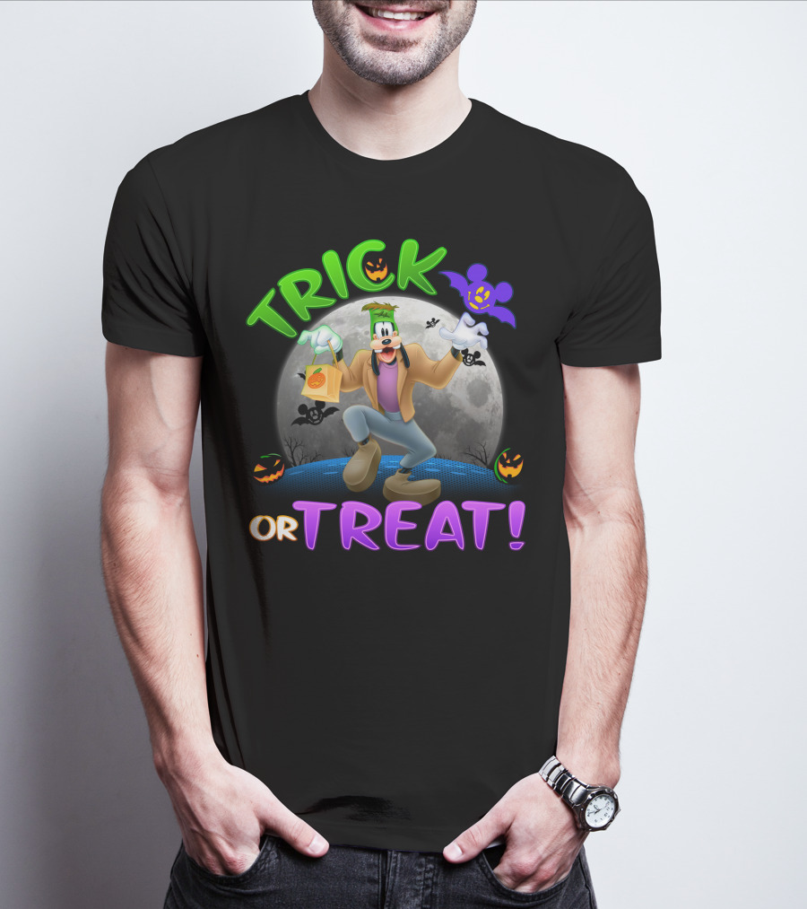 Trick Or Treat Goofy Halloween Moon Bat Pumpkin T-Shirt